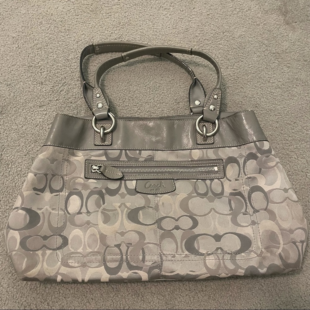 Grey Coach bag with purple insides